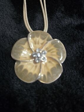 Floral Beige Enamel Pendant Necklace with Crystal Center
